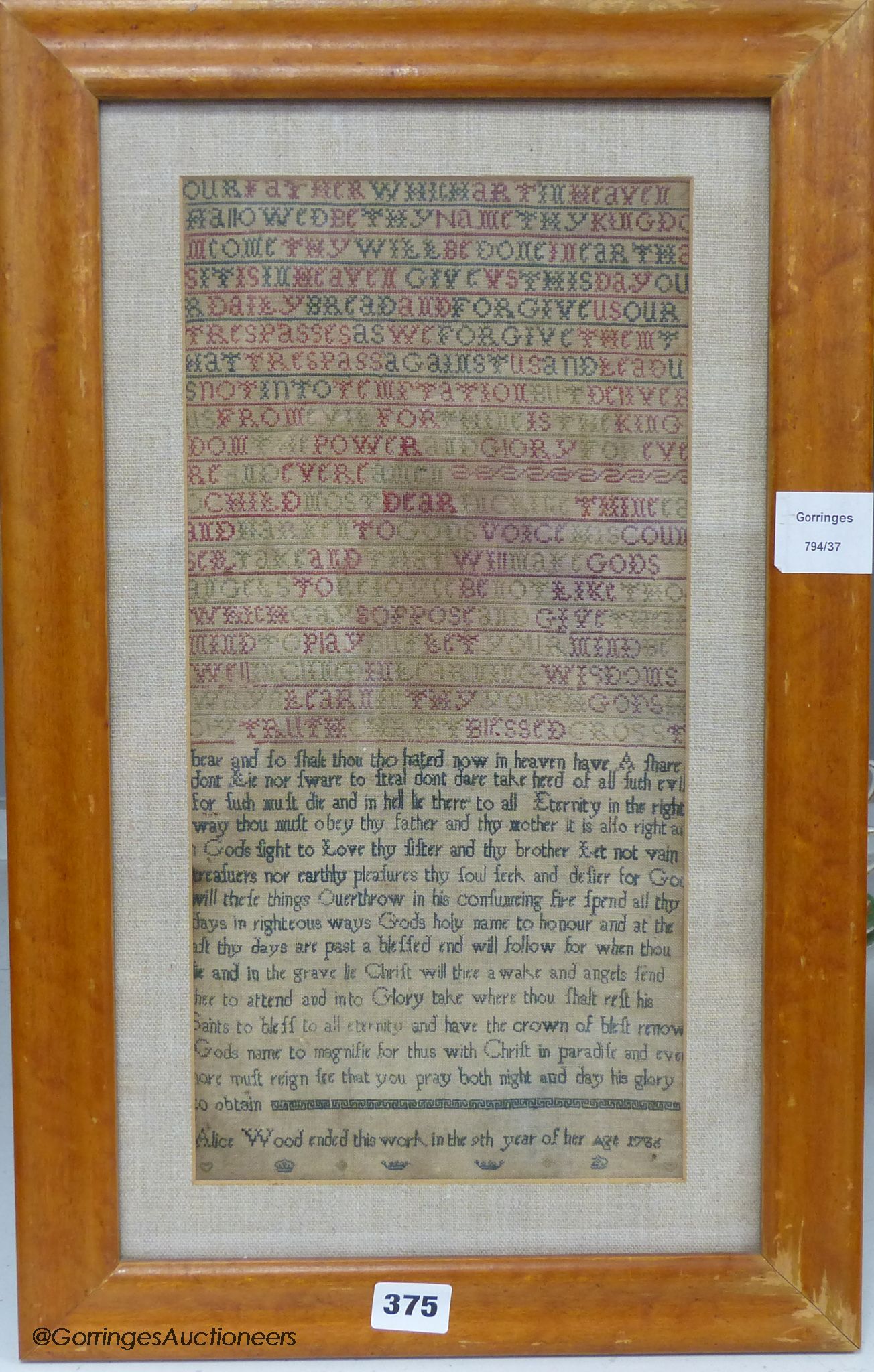 A George II needlework sampler, worked with the Lord's Prayer and religious text, by Alice Wood, dated 1736, 40 x 20cm